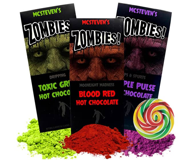 Zombies! Blood Red, Toxic Green, and Purple Pulse Hot Chocolate Powder