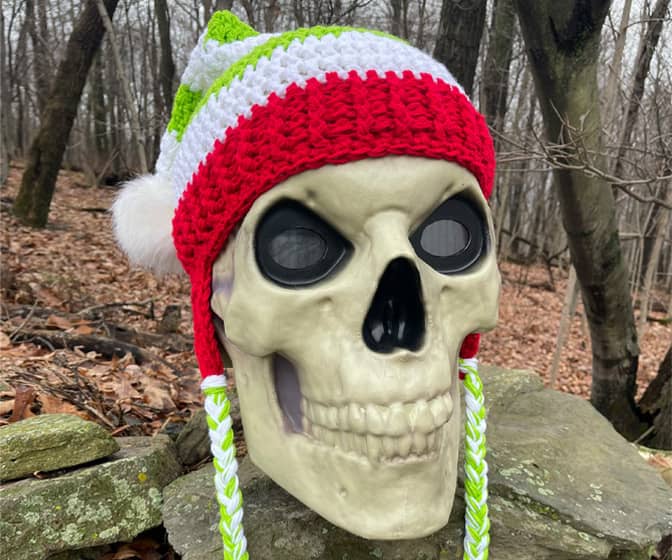 12-Ft Skeleton Gigantic Knitted Winter Pom Pom Beanie Hat With Braids