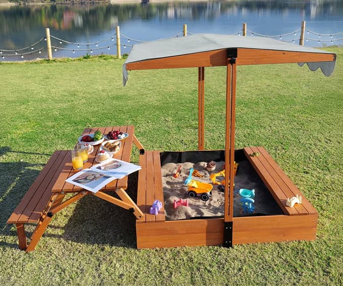 2-in-1 Canopy-Covered Wooden Sandbox with Fold-Out Picnic Table