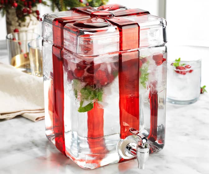 Festive Red Ribbon Gift Box Glass Drink Dispenser / Candy Jar