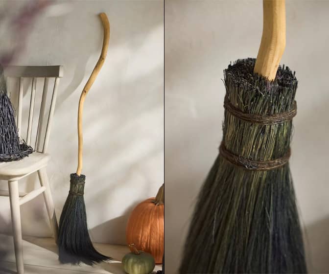Handmade Witch's Broomstick w/ Crooked Wooden Handle and Grass Brush