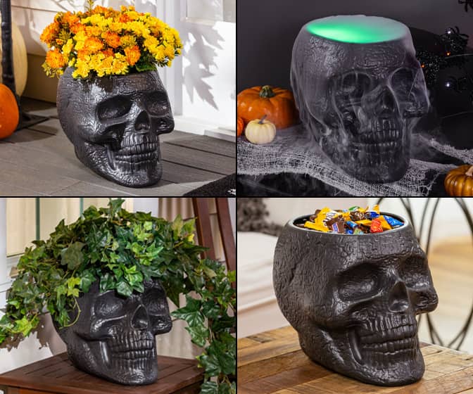 Large Black Skull Planter Pot / Halloween Candy Holder