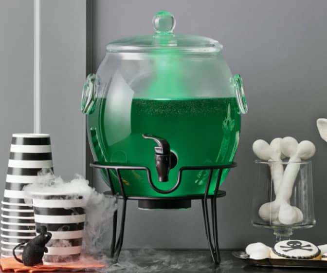 LED-Illuminated Halloween Glass Cauldron Drink Dispenser w/ Iron Stand