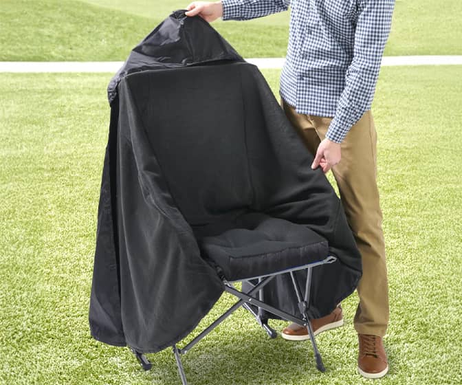 Outdoor Wearable Hooded Fleece Blanket with a Built-In Cushion Seat