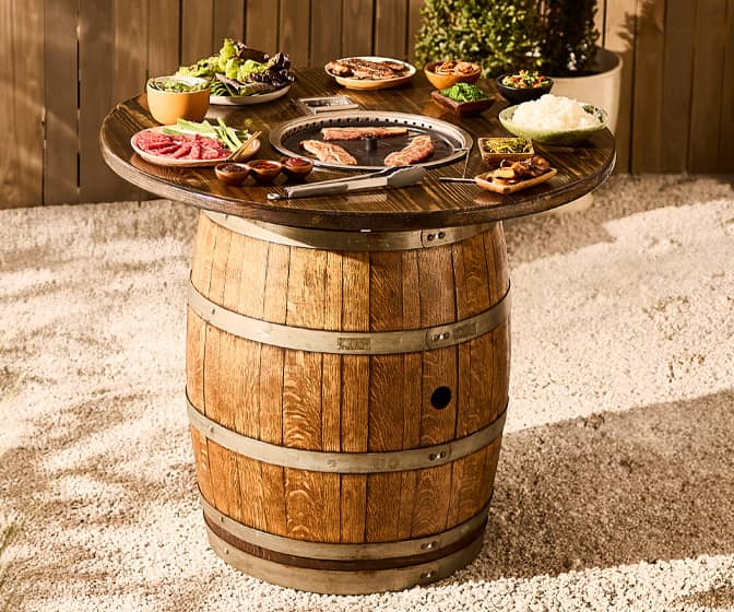 Reclaimed Wine Barrel Korean BBQ Grill and Hotpot Table