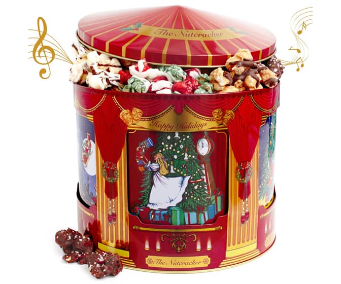 Rotating Musical Christmas Popcorn Tin - Plays the Sugar Plum Fairy