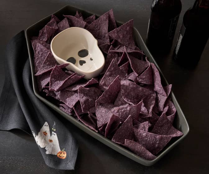 Spooky Stoneware Coffin Serving Platter and Skull Bowl