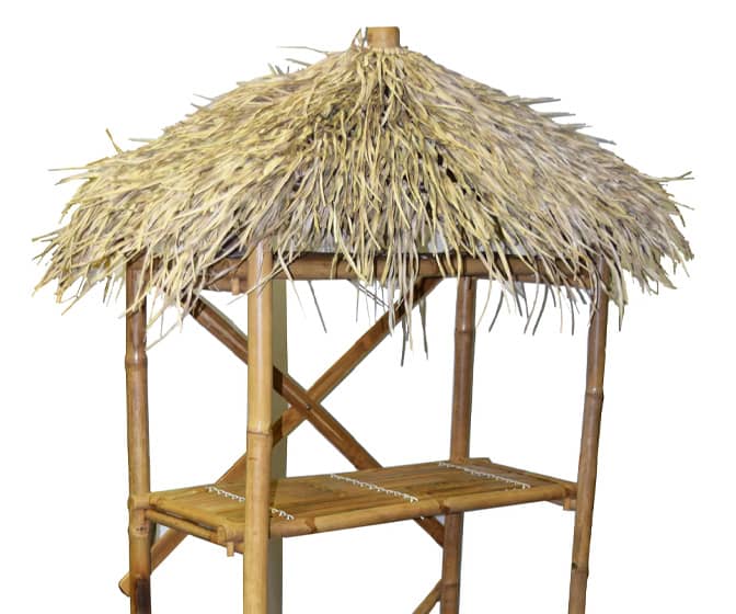 Tropical Bamboo Bookcase with a Dried Palm Leaves Palapa Roof