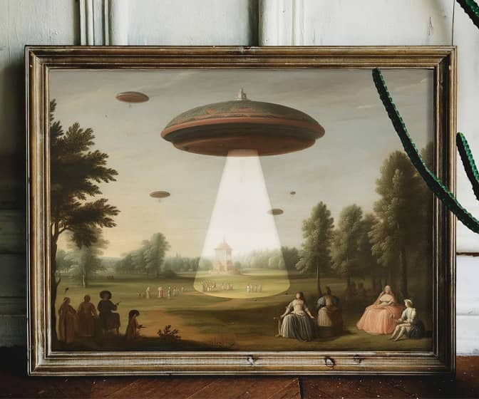 UFO Alien Abduction Victorian Landscape Altered Art Print