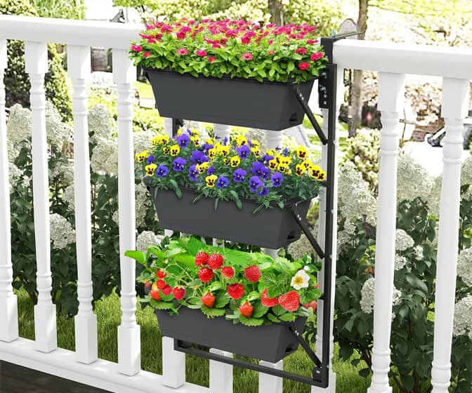 Vertical 3-Tier Hanging Planter Boxes For Railings, Fences, or Walls