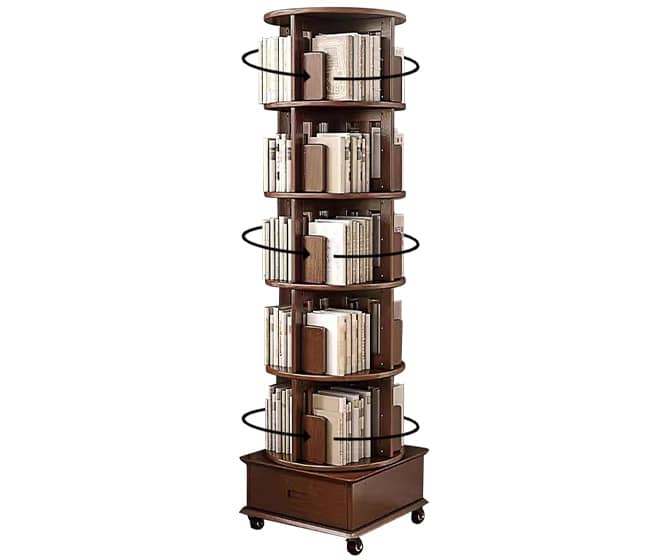 Wooden 5-Tier 360-Degree Rotating Bookshelf on Wheels
