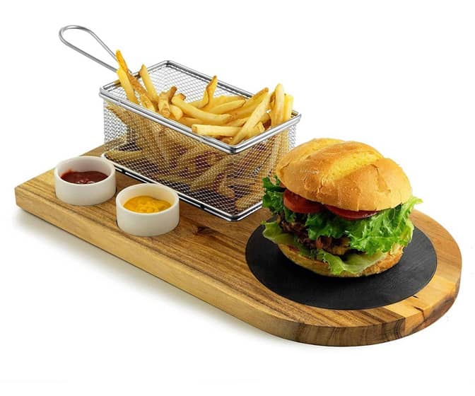 Yukon Glory Burger Serving Set - Acacia Wood Platter and Fry Basket